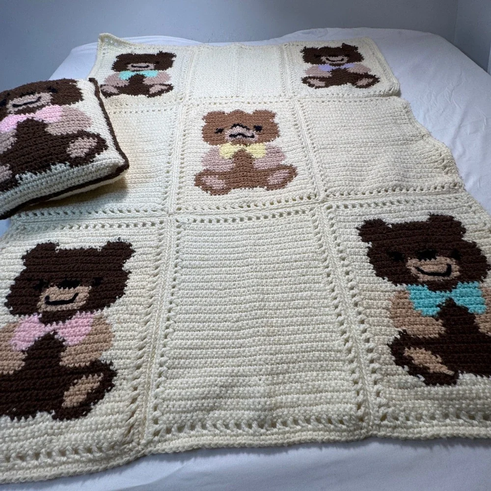 Vintage Crochet Teddy Bear Baby Blanket Pillow Set Handmade Cream Pastel 39 x 32